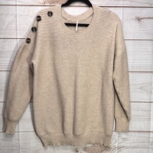 Nine One Eight Tan Ribbed Knit Shoulder Button Sweater Beige 2X Crew Neck